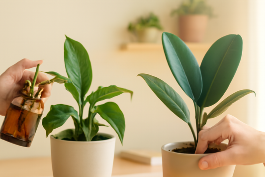 Two hands gently tending to indoor plants—misting a Peace Lily and checking the soil of a Rubber Plant in a sunlit, cozy setting.